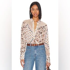 Free People Hazel Print Button Down Floral Patchwork Blouse Size XS